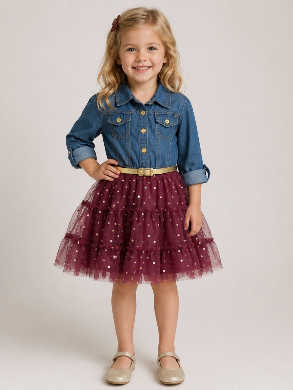 lilt Girls Dress with Burgundy Tulle Skirt and Denim Top (6/6X)
